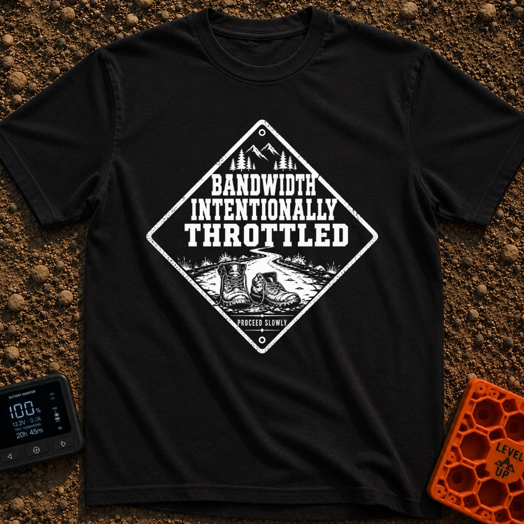 Bandwidth Throttled By Nature - T-Shirt in Black - A diamond-shaped, distressed black-and-white graphic featuring the...
