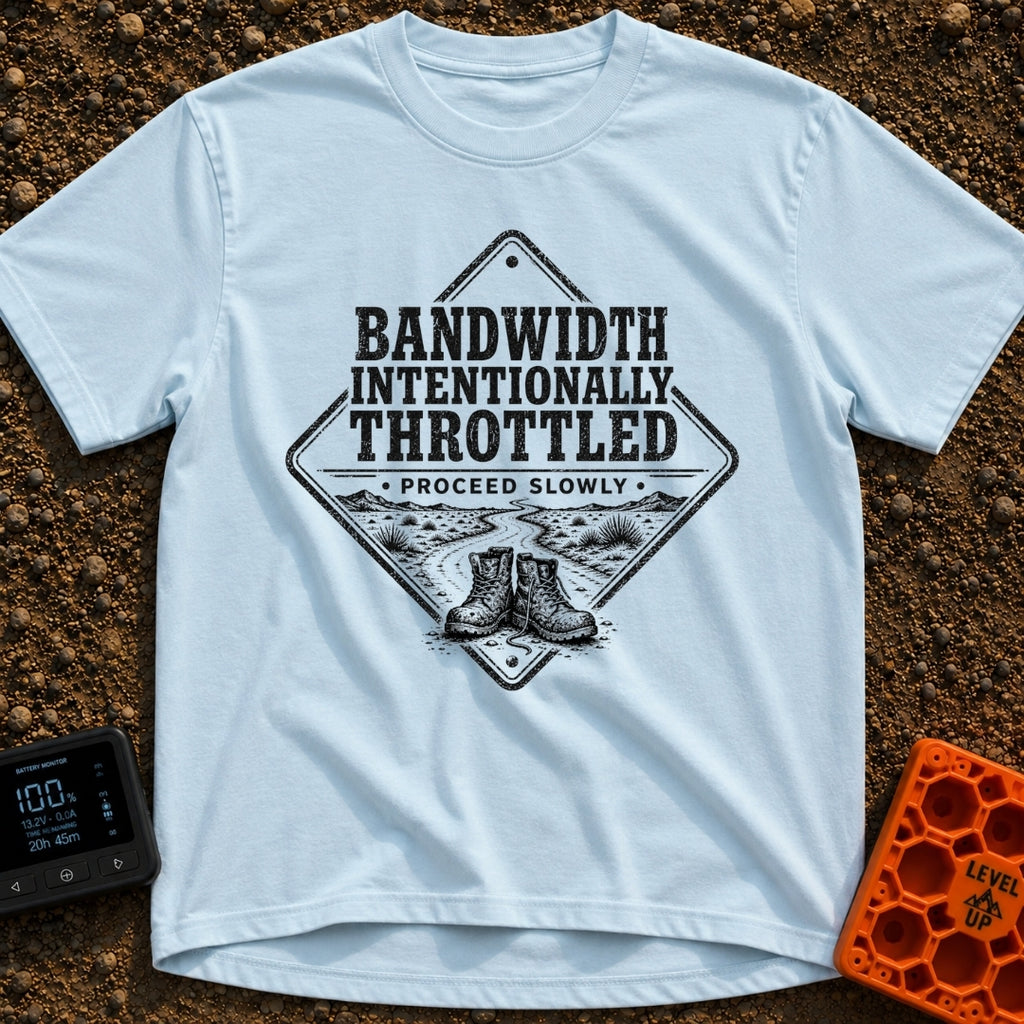 Bandwidth Throttled By Nature - T-Shirt in Chambray - A diamond-shaped, distressed black-and-white graphic featuring the...