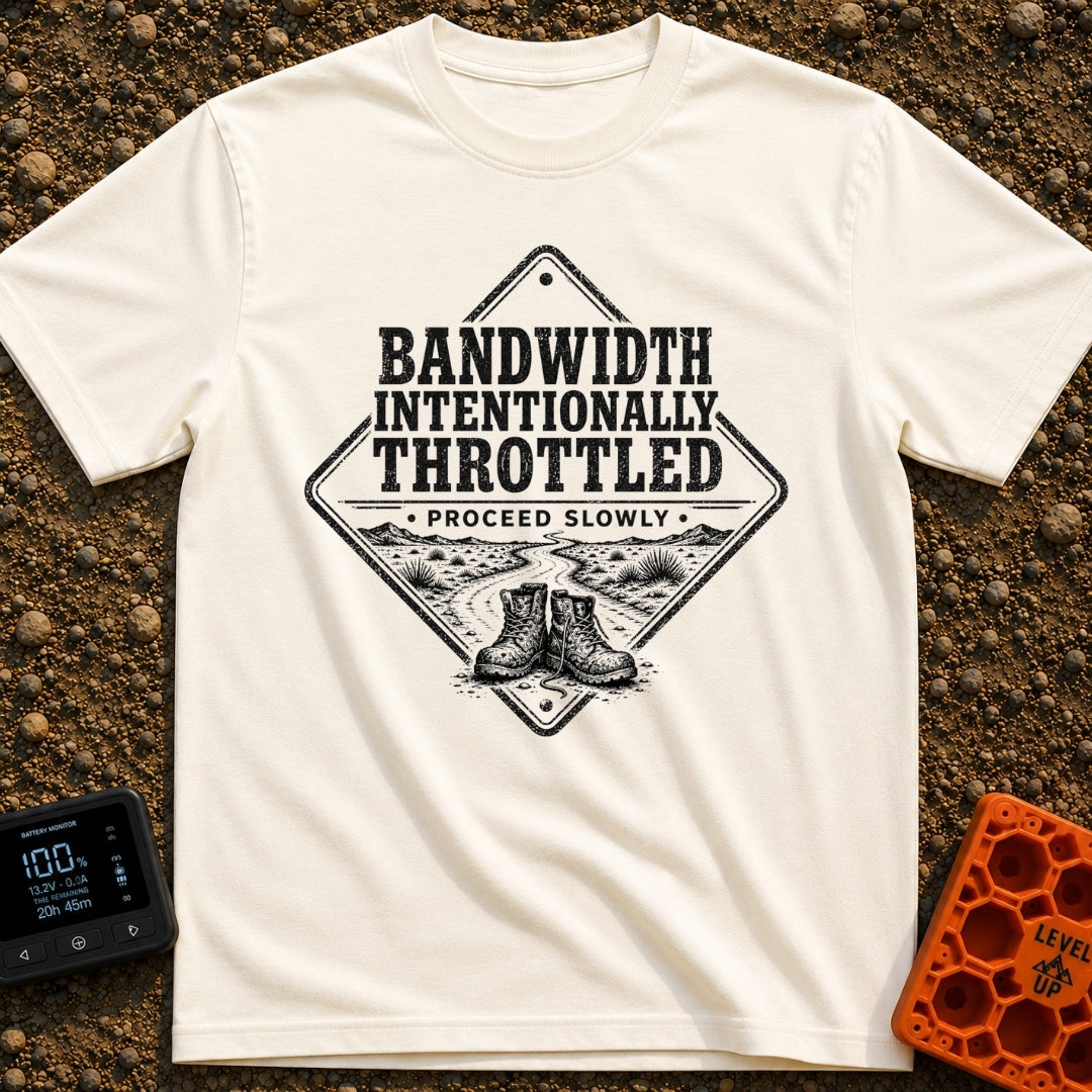 Bandwidth Throttled By Nature - T-Shirt in Ivory - A diamond-shaped, distressed black-and-white graphic featuring the...
