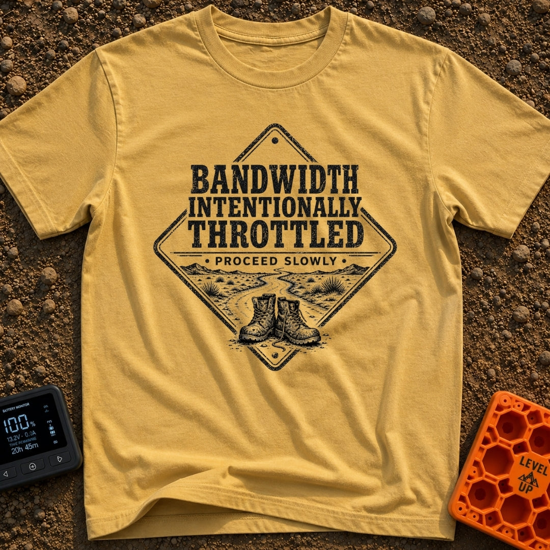 Bandwidth Throttled By Nature - T-Shirt in Mustard - A diamond-shaped, distressed black-and-white graphic featuring the...
