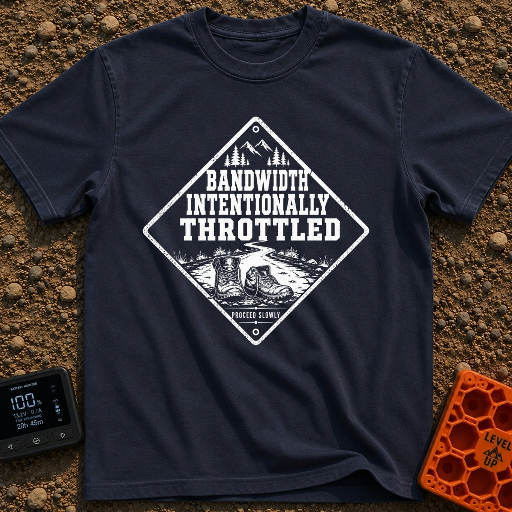 Bandwidth Throttled By Nature - T-Shirt in Navy - A diamond-shaped, distressed black-and-white graphic featuring the text...