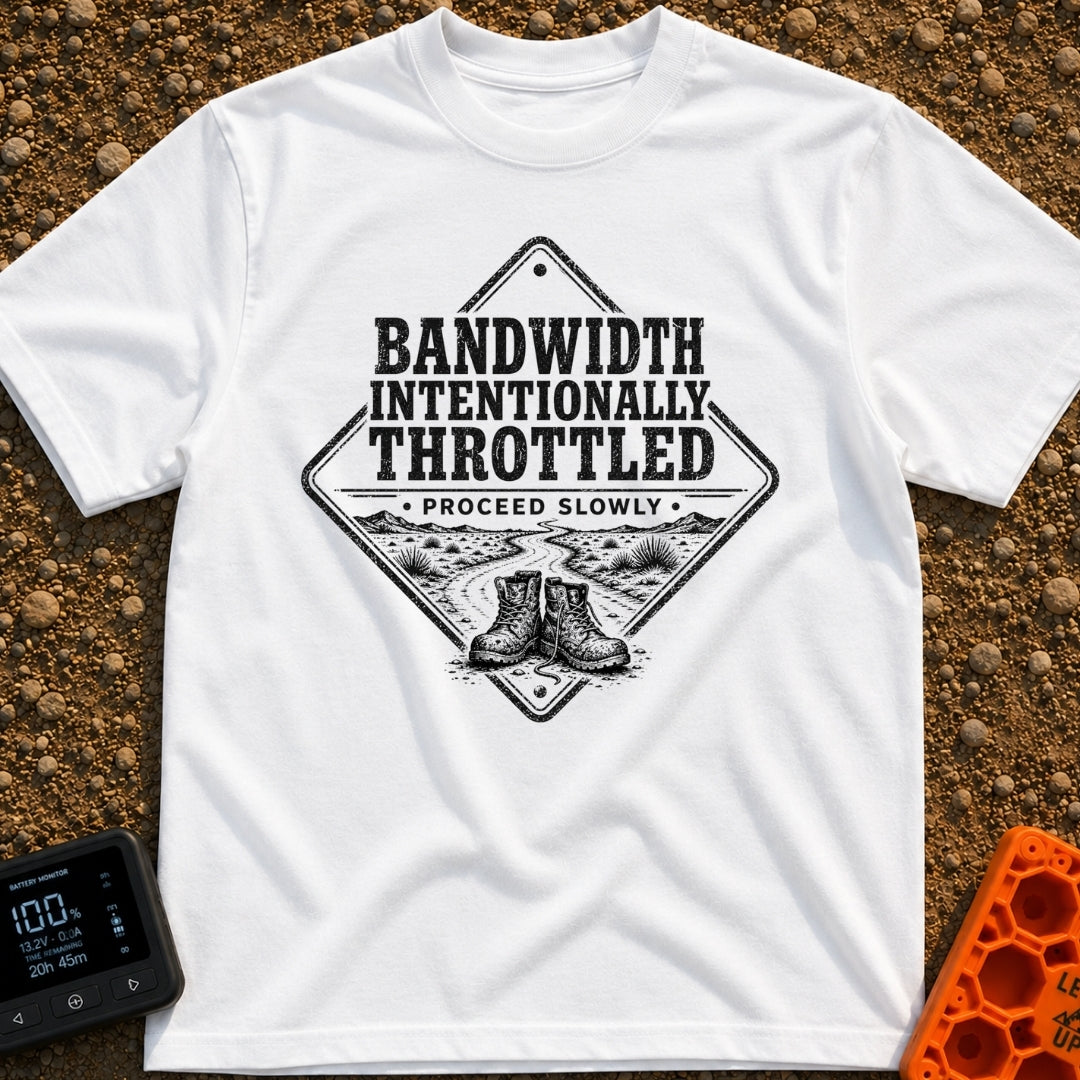 Bandwidth Throttled By Nature - T-Shirt in White - A diamond-shaped, distressed black-and-white graphic featuring the...