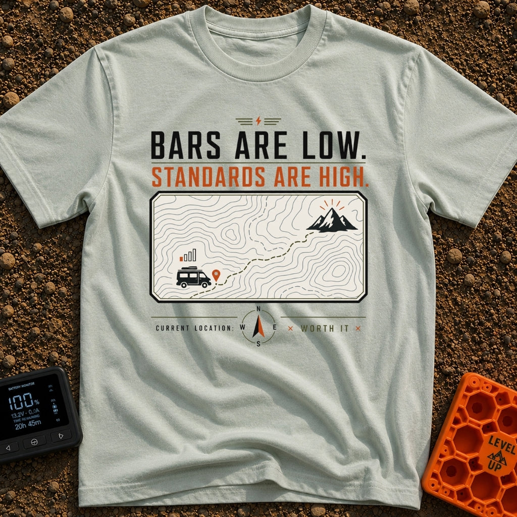 Low Bars High Standards - T-Shirt in Bay - The design features the text "BARS ARE LOW. STANDARDS ARE HIGH." above a...