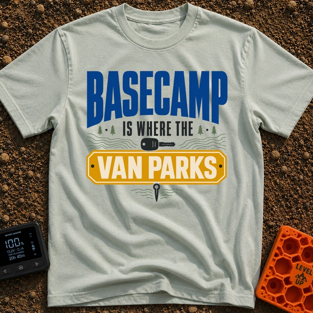 Basecamp Wherever I Park - T-Shirt in Bay - A typographic design reading "BASECAMP IS WHERE THE VAN PARKS" alongside...