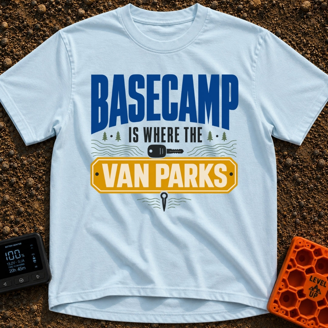 Basecamp Wherever I Park - T-Shirt in Chambray - A typographic design reading "BASECAMP IS WHERE THE VAN PARKS" alongside...