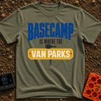 Basecamp Wherever I Park - T-Shirt in Moss - A typographic design reading "BASECAMP IS WHERE THE VAN PARKS" alongside...