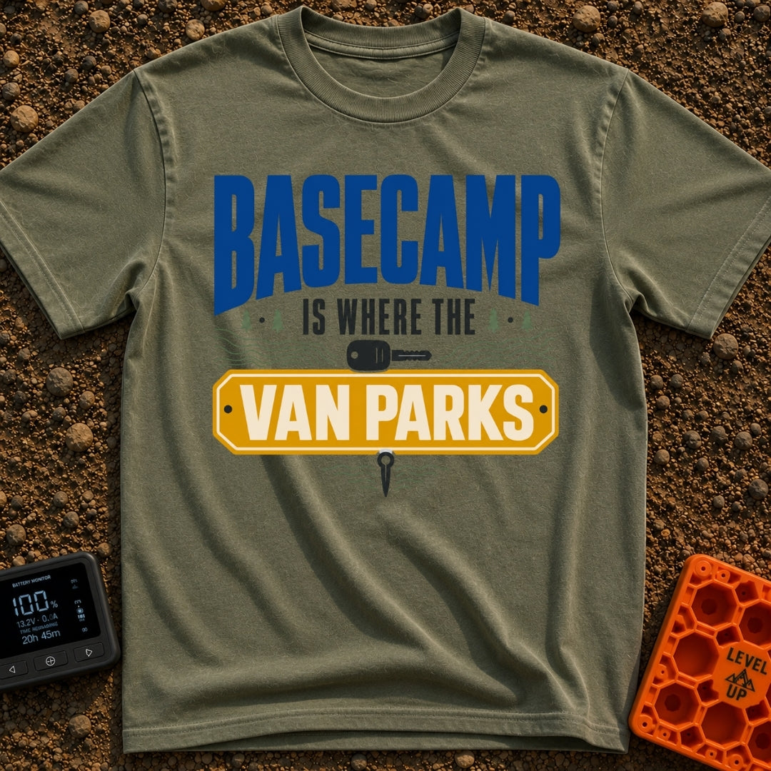 Basecamp Wherever I Park - T-Shirt in Moss - A typographic design reading "BASECAMP IS WHERE THE VAN PARKS" alongside...