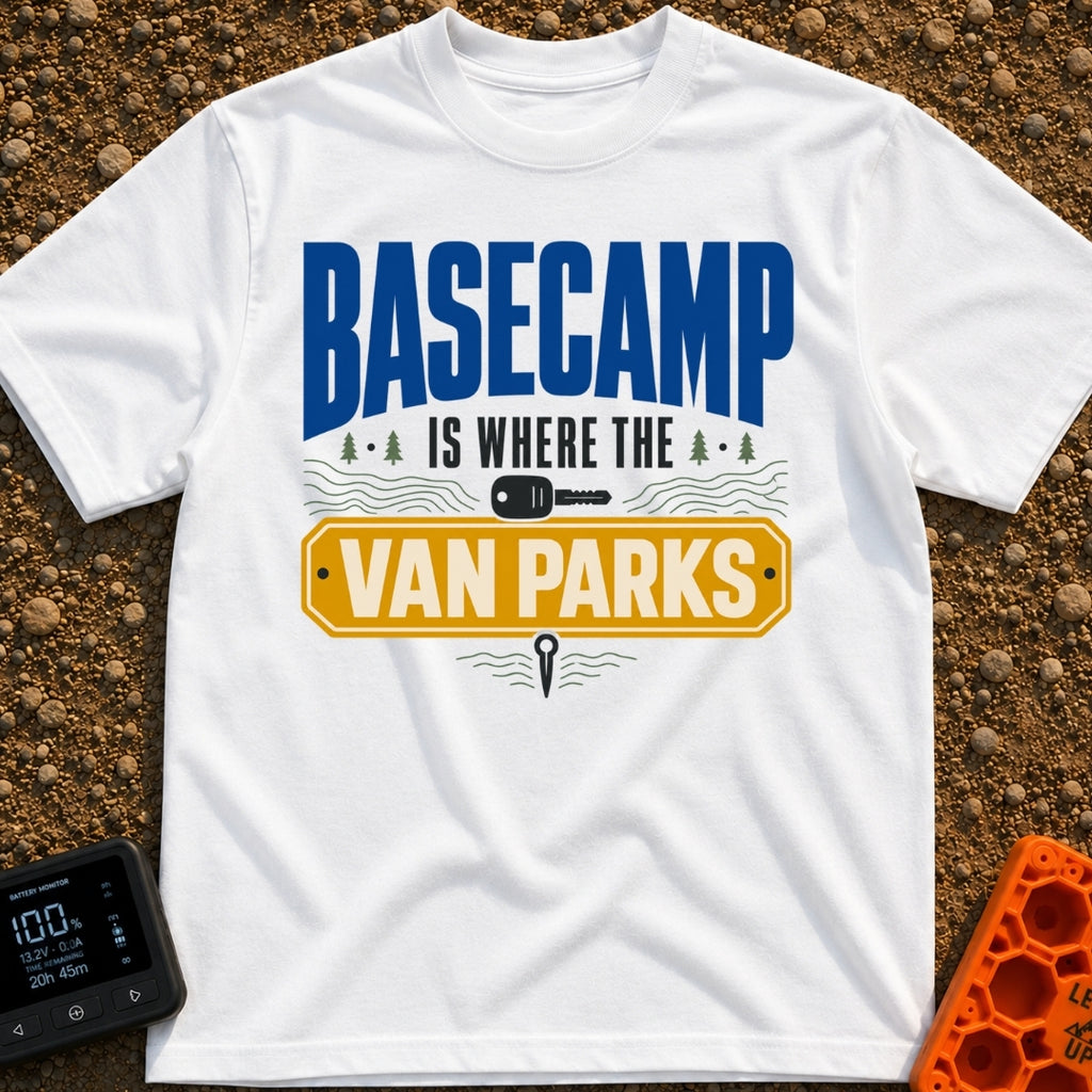 Basecamp Wherever I Park - T-Shirt in White - A typographic design reading "BASECAMP IS WHERE THE VAN PARKS" alongside...
