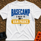 Basecamp Wherever I Park - T-Shirt in White - A typographic design reading "BASECAMP IS WHERE THE VAN PARKS" alongside...