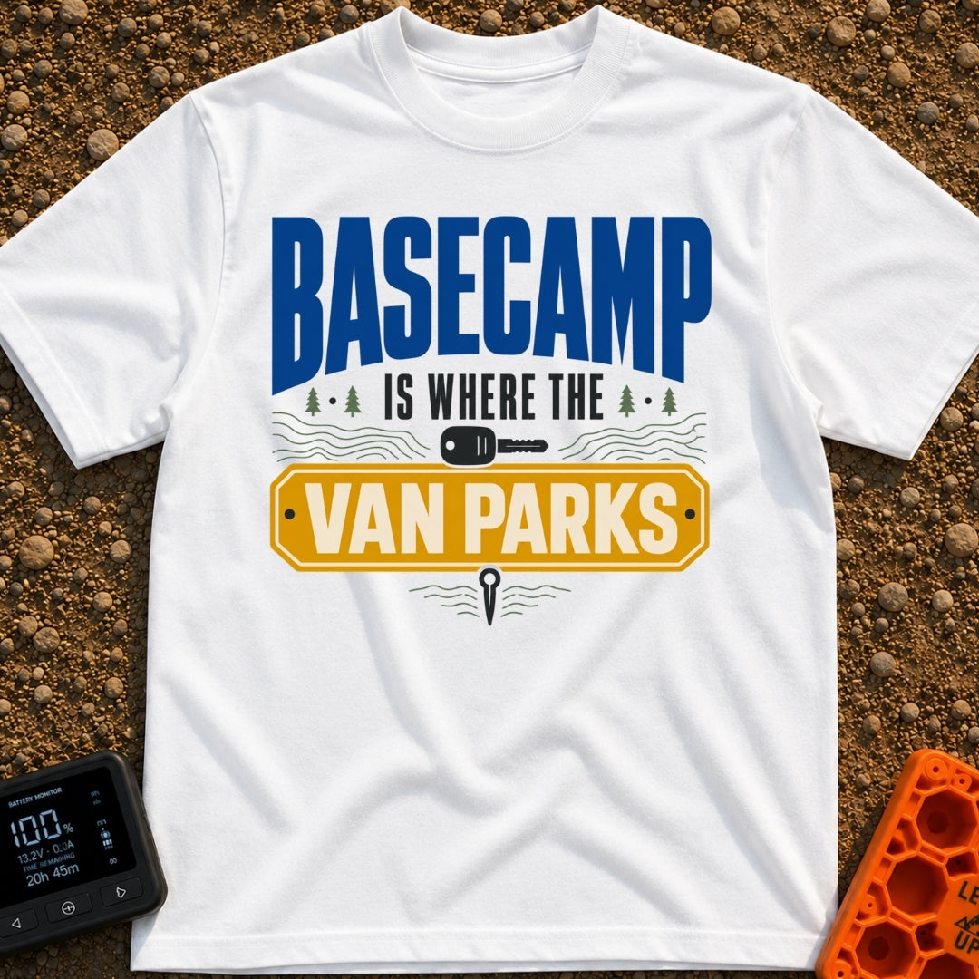 Basecamp Wherever I Park - T-Shirt in White - A typographic design reading "BASECAMP IS WHERE THE VAN PARKS" alongside...