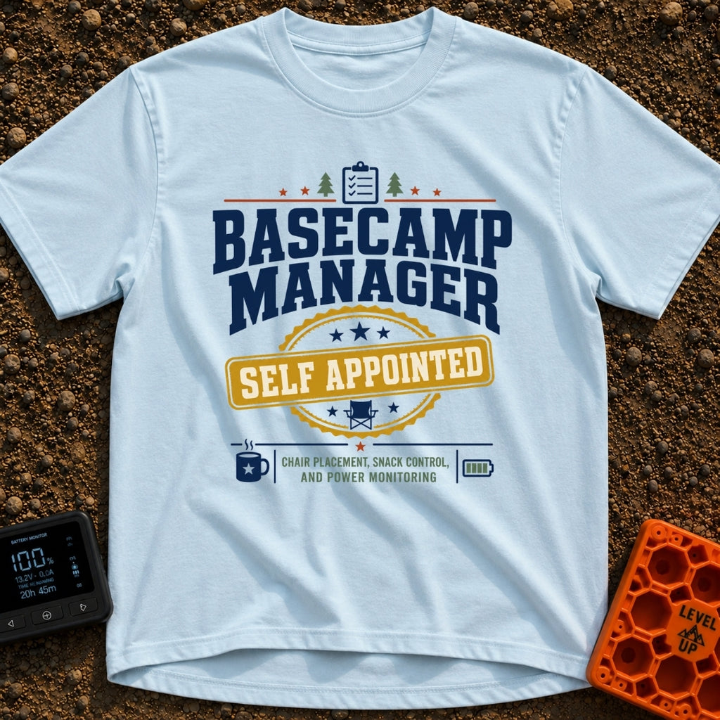 Self Appointed Basecamp Manager - T-Shirt in Chambray - A typographic design reading 'BASECAMP MANAGER' in large navy...