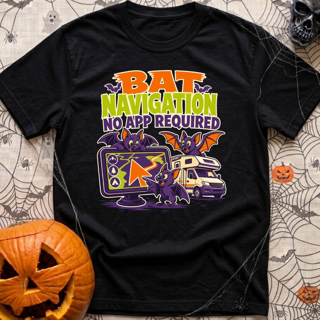 Bats Need No Apps - T-Shirt in Black - A cartoon illustration featuring three purple bats interacting with a large GPS...