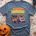 Bats Need No Apps - T-Shirt in Blue Jean - A cartoon illustration featuring three purple bats interacting with a large...