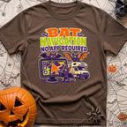 Bats Need No Apps - T-Shirt in Espresso - A cartoon illustration featuring three purple bats interacting with a large GPS...