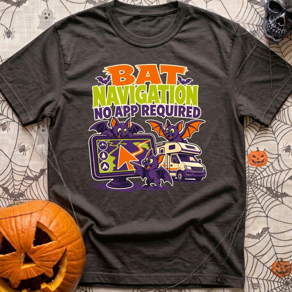 Bats Need No Apps - T-Shirt in Graphite - A cartoon illustration featuring three purple bats interacting with a large GPS...