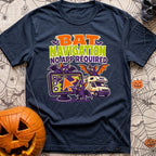 Bats Need No Apps - T-Shirt in Navy - A cartoon illustration featuring three purple bats interacting with a large GPS...