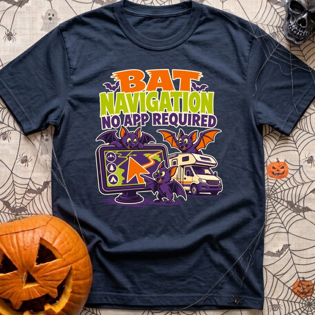 Bats Need No Apps - T-Shirt in Navy - A cartoon illustration featuring three purple bats interacting with a large GPS...