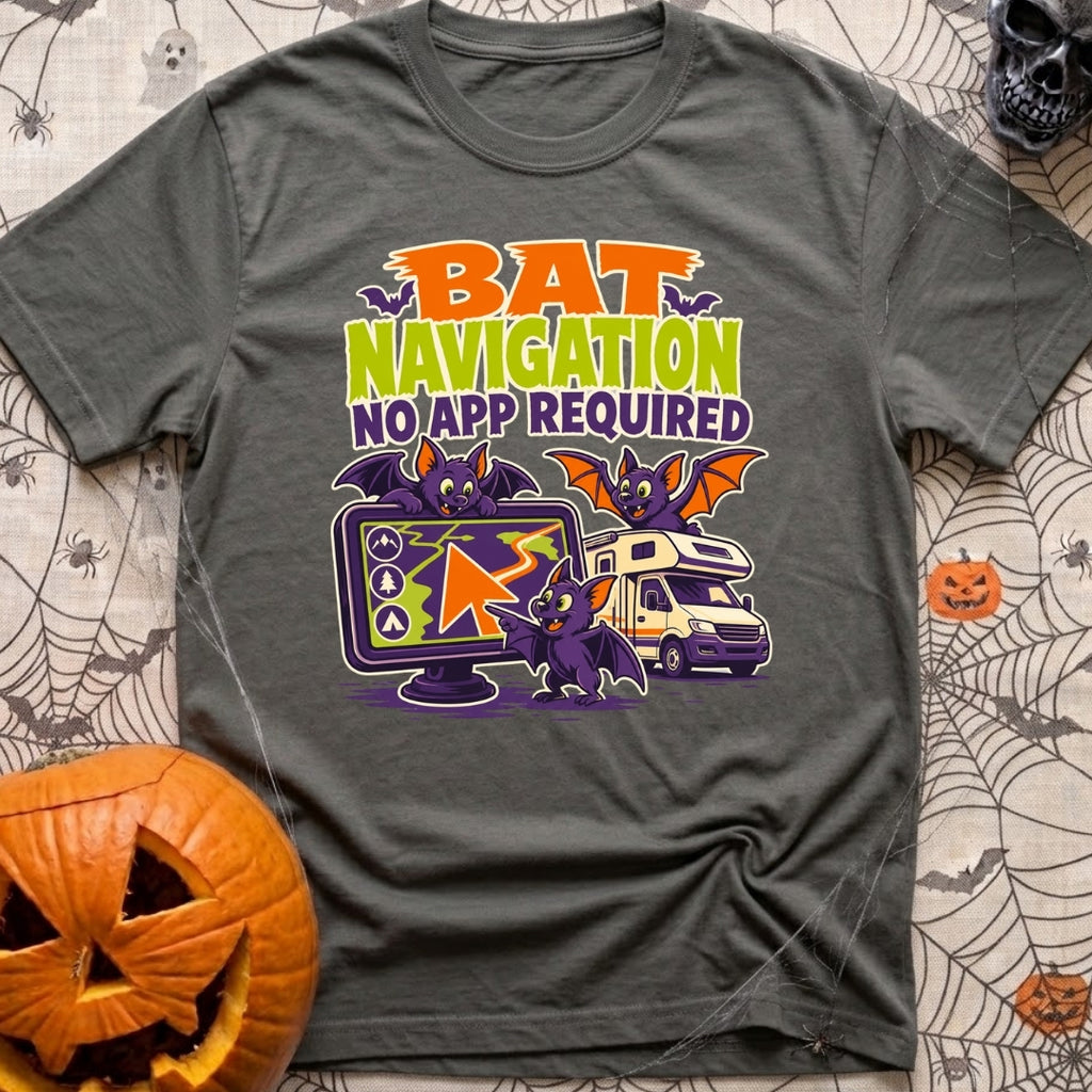 Bats Need No Apps - T-Shirt in Pepper - A cartoon illustration featuring three purple bats interacting with a large GPS...
