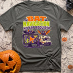 Bats Need No Apps - T-Shirt in Pepper - A cartoon illustration featuring three purple bats interacting with a large GPS...