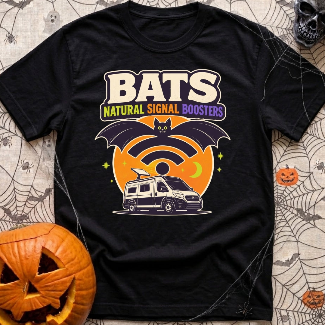 Bat Signal Boosters - T-Shirt in Black - A cartoon bat forms the shape of a Wi-Fi symbol over a camper van with a...