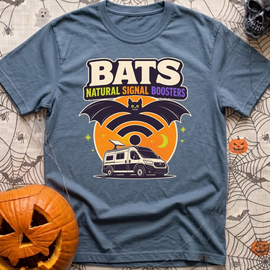 Bat Signal Boosters - T-Shirt in Blue Jean - A cartoon bat forms the shape of a Wi-Fi symbol over a camper van with a...