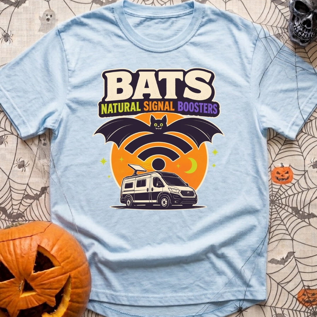 Bat Signal Boosters - T-Shirt in Chambray - A cartoon bat forms the shape of a Wi-Fi symbol over a camper van with a...