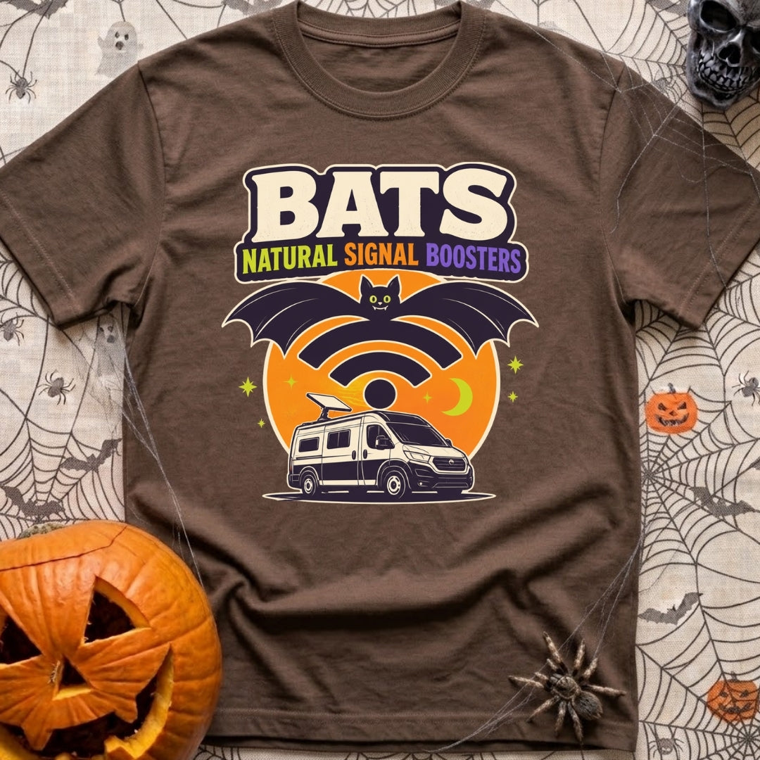 Bat Signal Boosters - T-Shirt in Espresso - A cartoon bat forms the shape of a Wi-Fi symbol over a camper van with a...