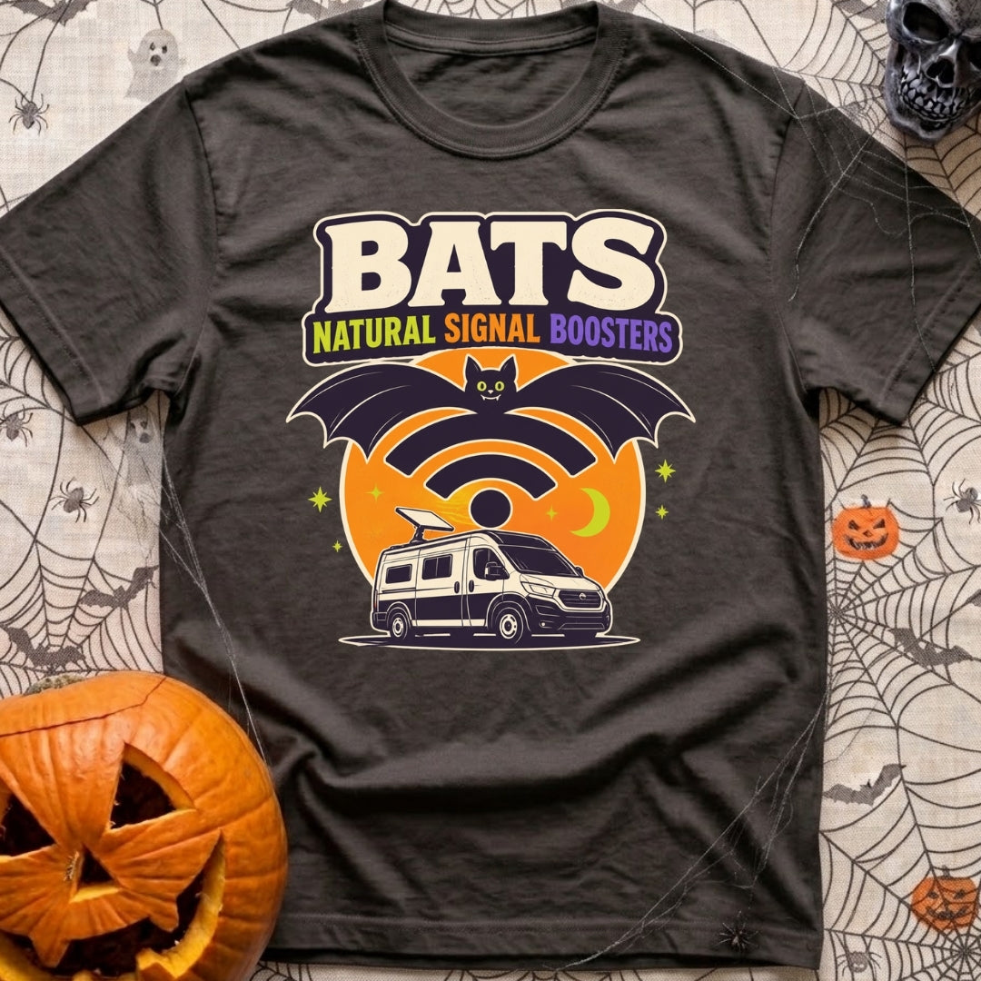 Bat Signal Boosters - T-Shirt in Graphite - A cartoon bat forms the shape of a Wi-Fi symbol over a camper van with a...