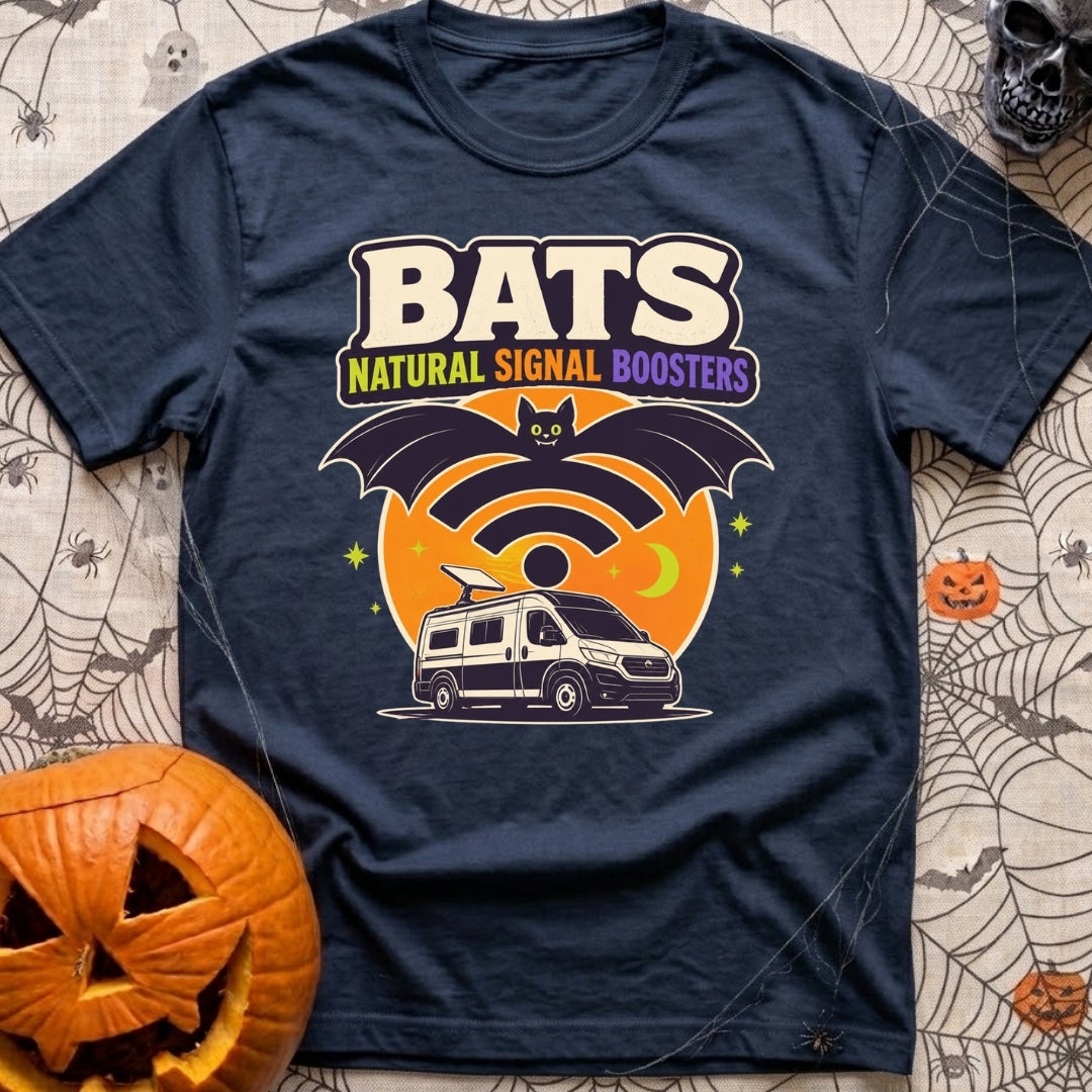 Bat Signal Boosters - T-Shirt in Navy - A cartoon bat forms the shape of a Wi-Fi symbol over a camper van with a...