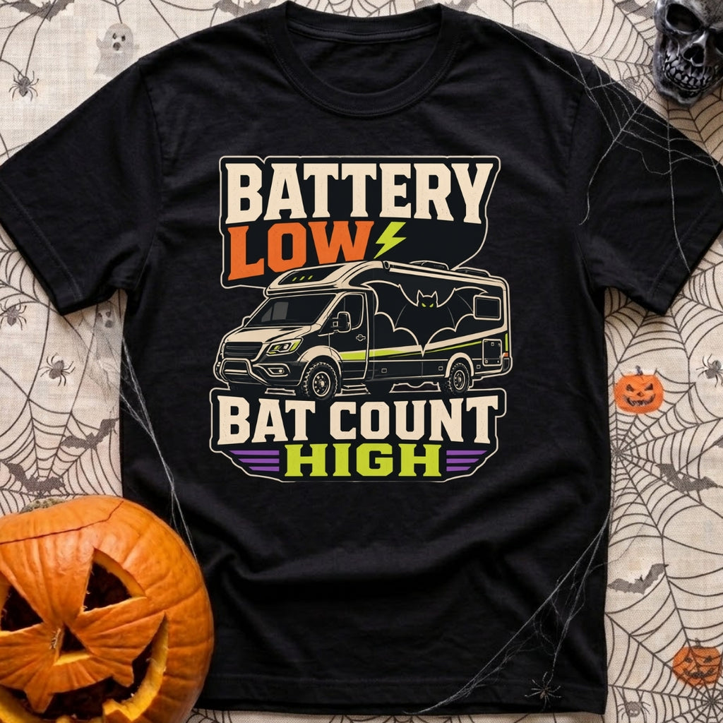 Battery Low Bats High - T-Shirt in Black - A black Class C camper van or RV is shown with a large silhouette of a bat...