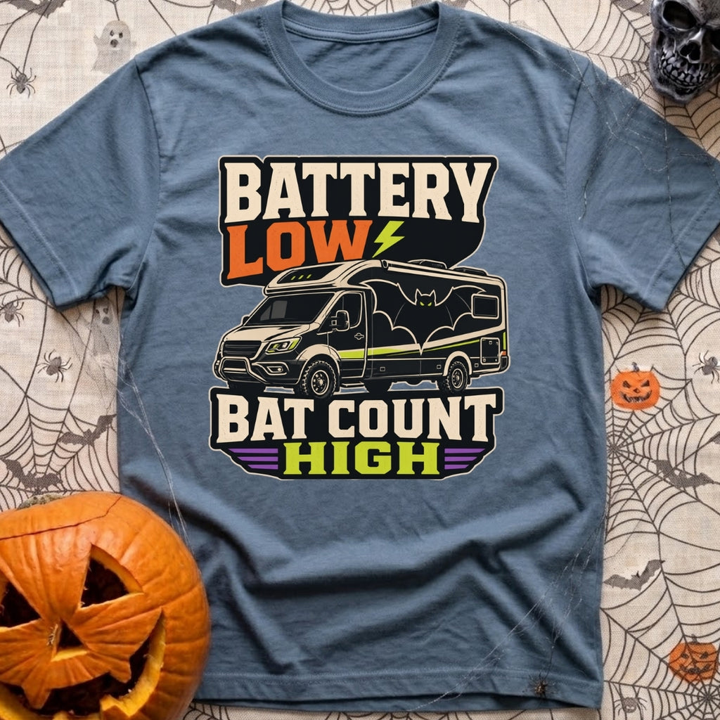 Battery Low Bats High - T-Shirt in Blue Jean - A black Class C camper van or RV is shown with a large silhouette of a bat...