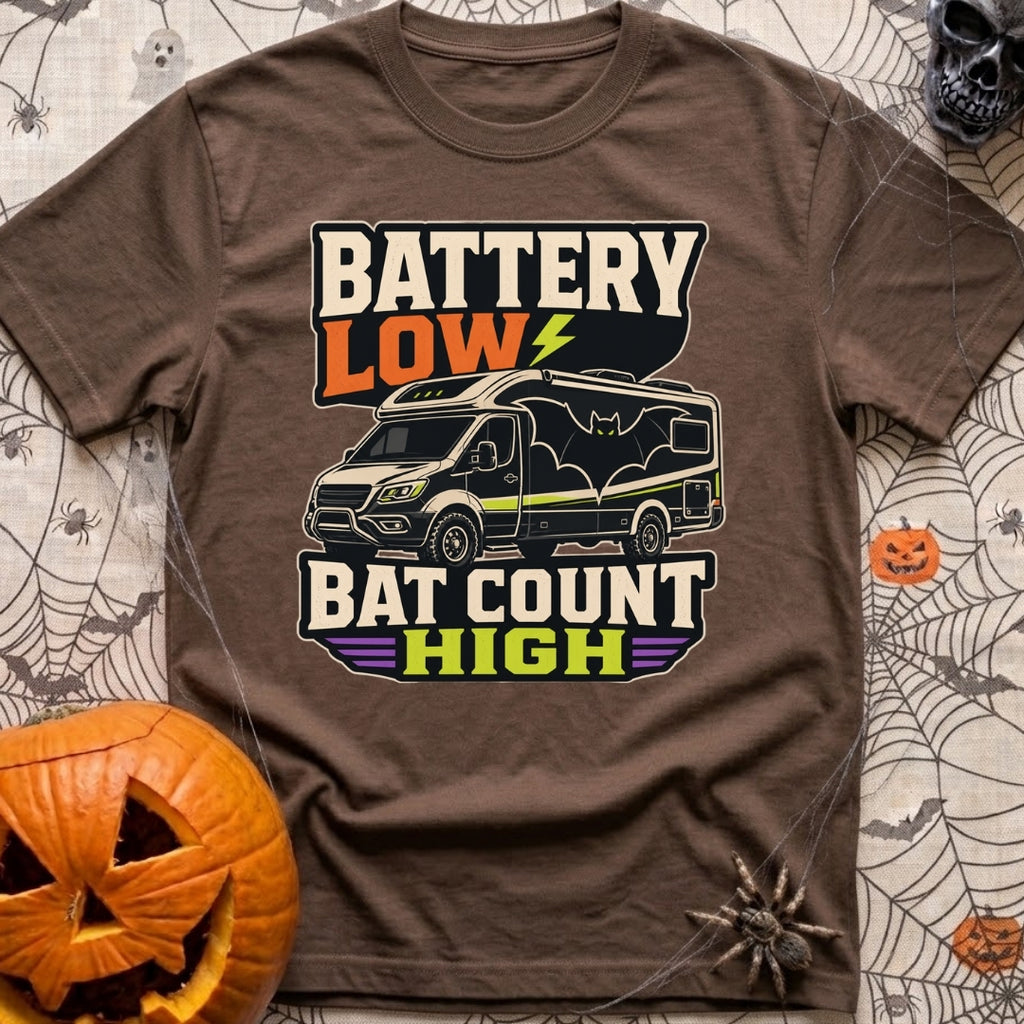 Battery Low Bats High - T-Shirt in Espresso - A black Class C camper van or RV is shown with a large silhouette of a bat...