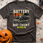 Battery Low Bats High - T-Shirt in Graphite - A black Class C camper van or RV is shown with a large silhouette of a bat...