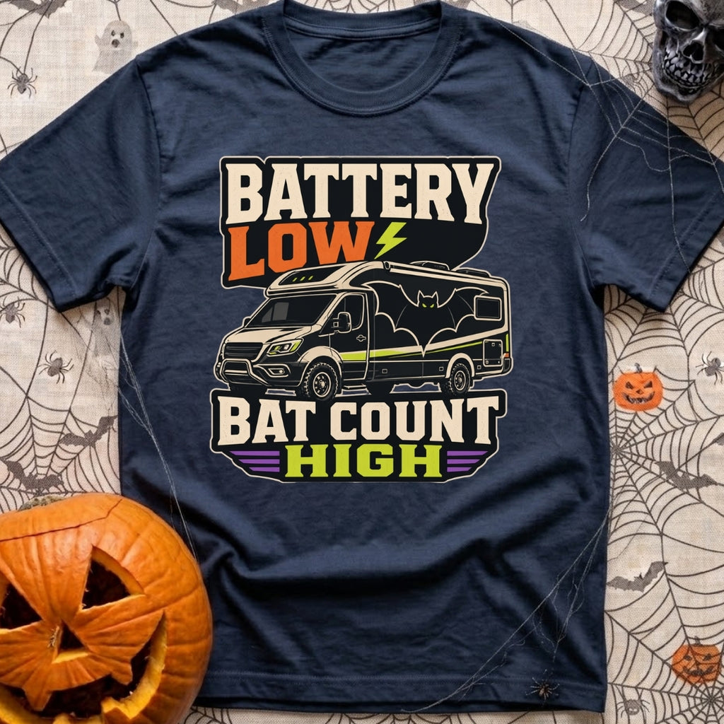 Battery Low Bats High - T-Shirt in Navy - A black Class C camper van or RV is shown with a large silhouette of a bat with...