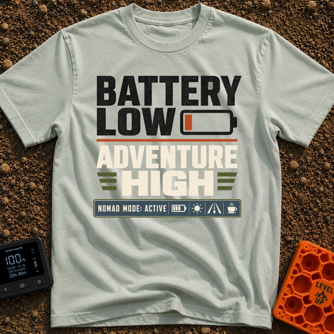 Running On Empty - T-Shirt in Bay - A typographic design featuring the stacked text "BATTERY LOW" with a red low-battery...