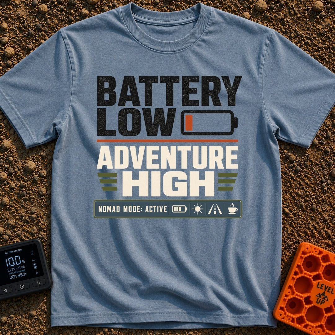 Running On Empty - T-Shirt in Blue Jean - A typographic design featuring the stacked text "BATTERY LOW" with a red...