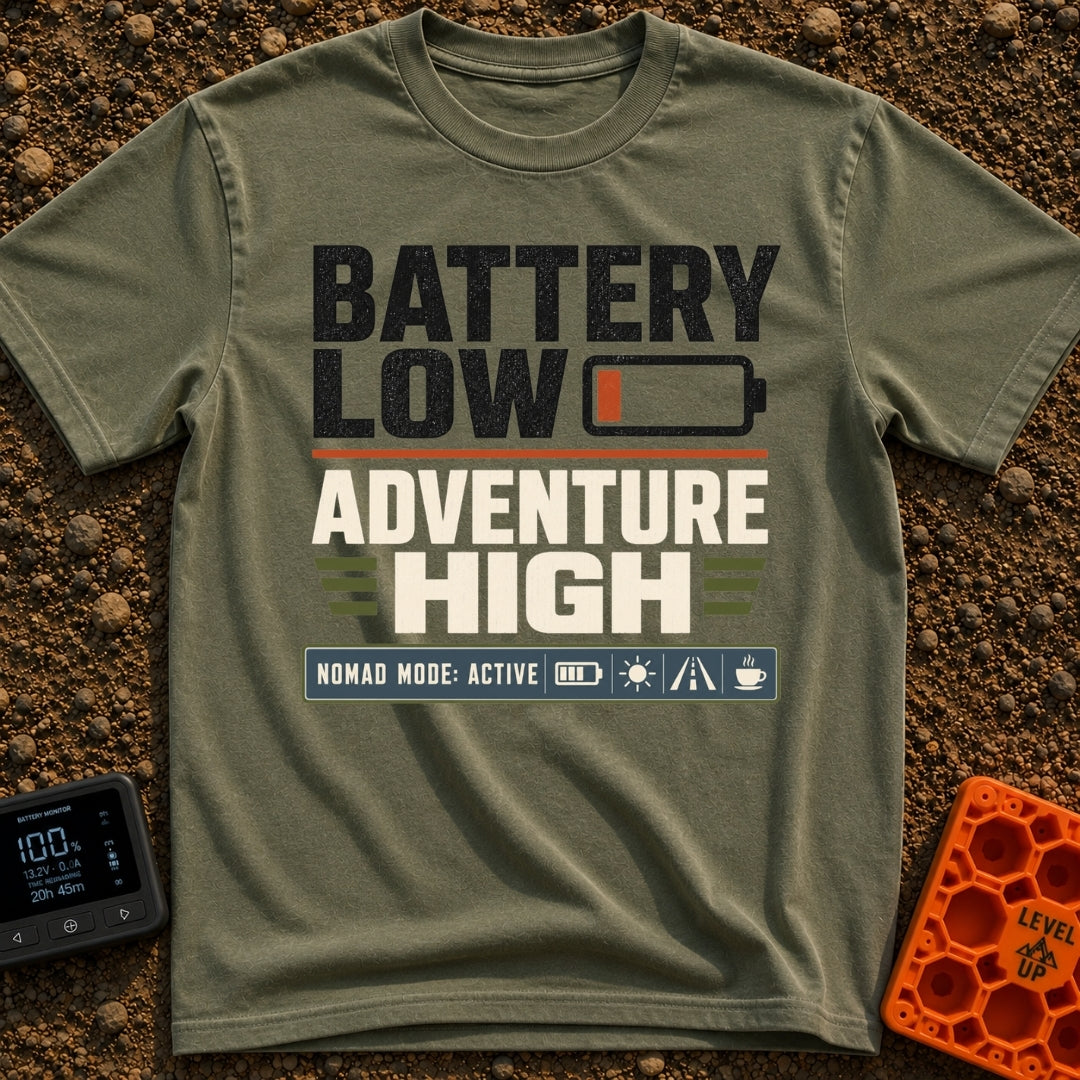 Running On Empty - T-Shirt in Moss - A typographic design featuring the stacked text "BATTERY LOW" with a red low-battery...