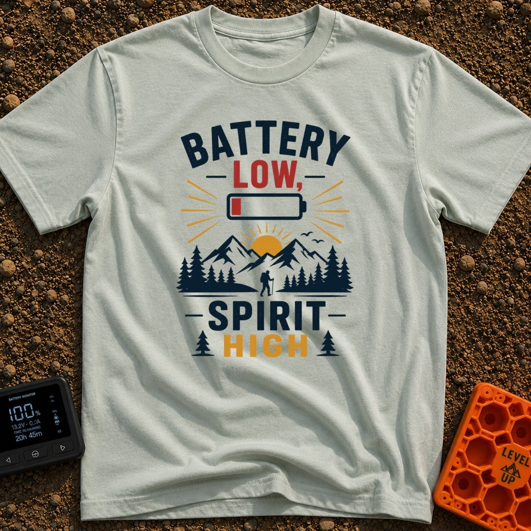 Low Battery High Spirits - T-Shirt in Bay - A graphic featuring the text "BATTERY LOW, SPIRIT HIGH" alongside an icon of...