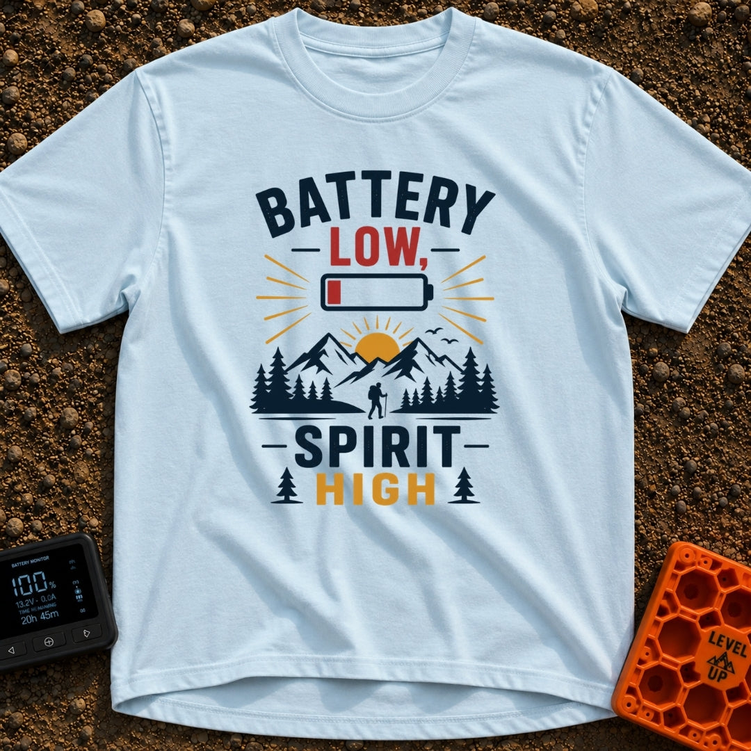 Low Battery High Spirits - T-Shirt in Chambray - A graphic featuring the text "BATTERY LOW, SPIRIT HIGH" alongside an...