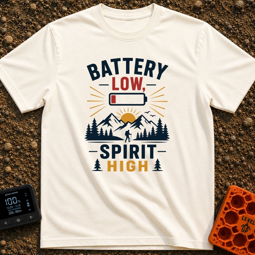 Low Battery High Spirits - T-Shirt in Ivory - A graphic featuring the text "BATTERY LOW, SPIRIT HIGH" alongside an icon...