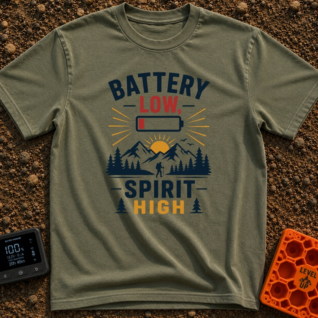 Low Battery High Spirits - T-Shirt in Moss - A graphic featuring the text "BATTERY LOW, SPIRIT HIGH" alongside an icon of...