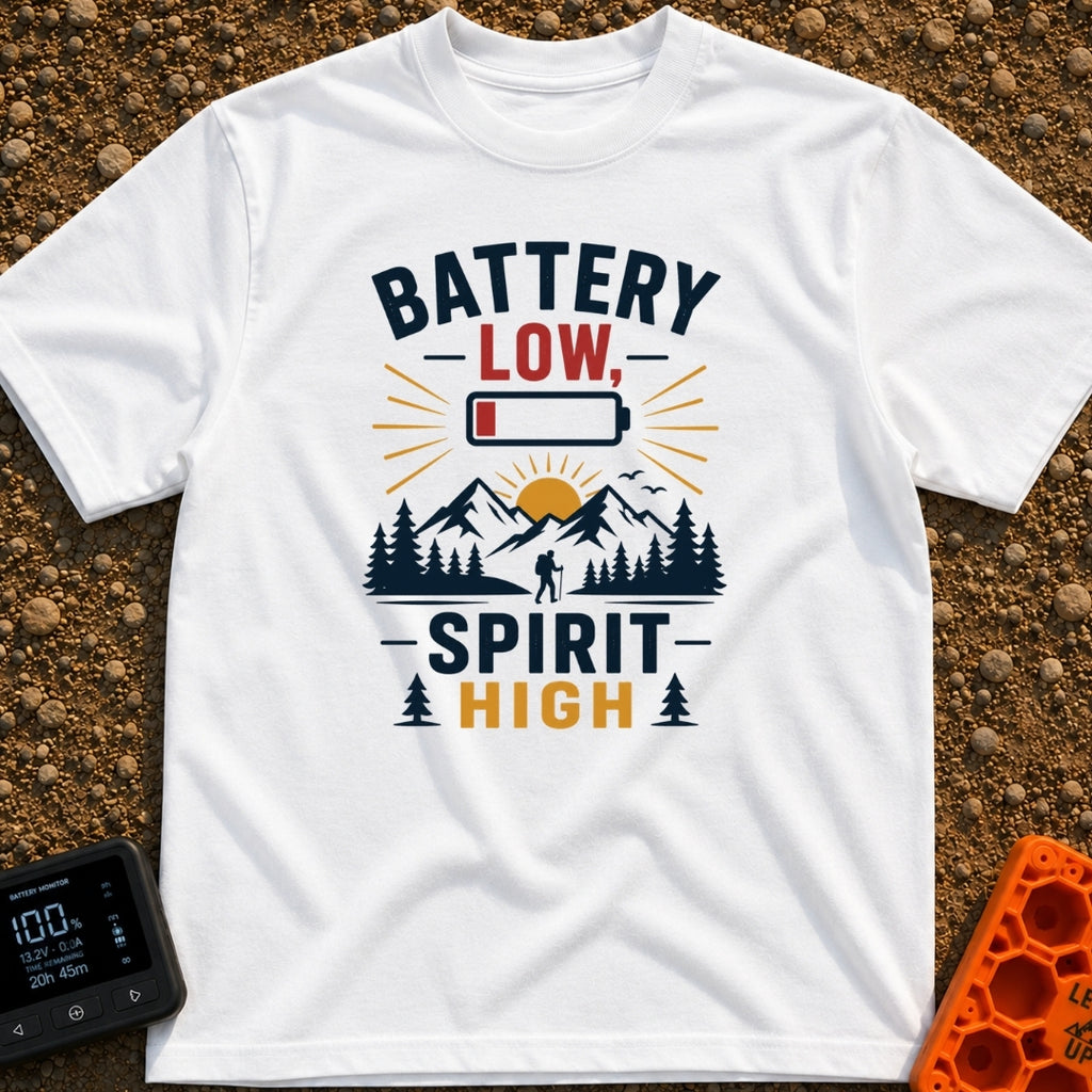 Low Battery High Spirits - T-Shirt in White - A graphic featuring the text "BATTERY LOW, SPIRIT HIGH" alongside an icon...