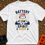 Low Battery High Spirits - T-Shirt in White - A graphic featuring the text "BATTERY LOW, SPIRIT HIGH" alongside an icon...