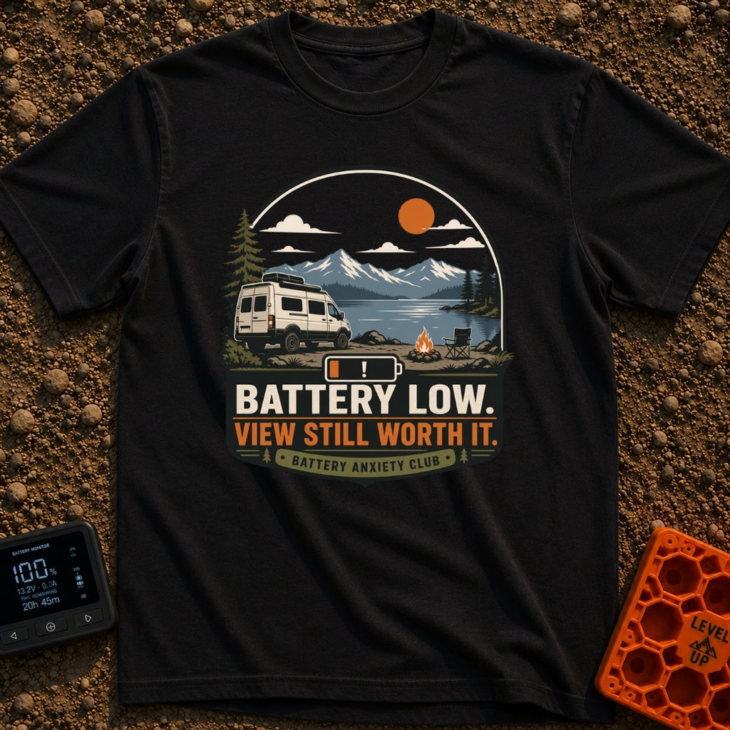 Battery Anxiety Club - T-Shirt in Black - A white camper van is parked beside a serene lake with mountains in the...