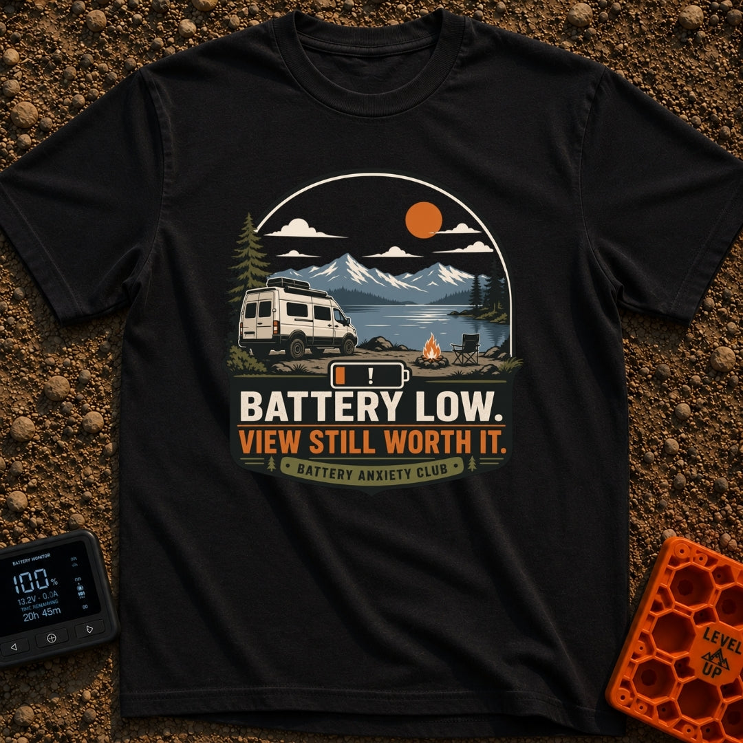 Battery Anxiety Club - T-Shirt in Black - A white camper van is parked beside a serene lake with mountains in the...