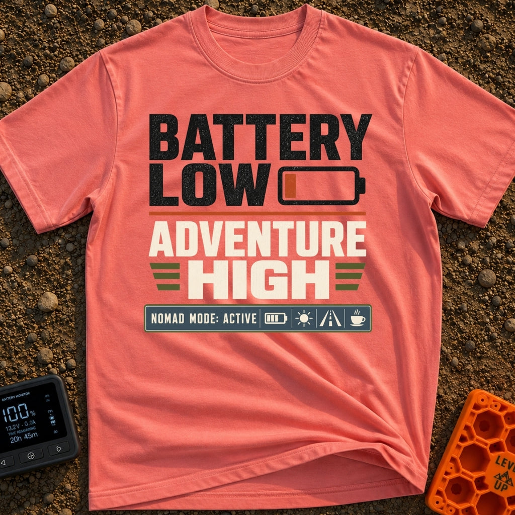 Running On Empty - T-Shirt in Watermelon - A typographic design featuring the stacked text "BATTERY LOW" with a red...