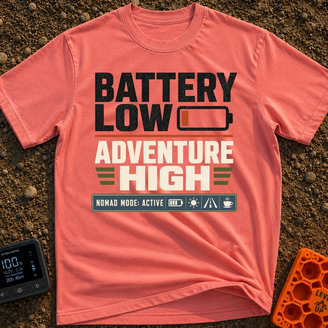 Running On Empty - T-Shirt in Watermelon - A typographic design featuring the stacked text "BATTERY LOW" with a red...