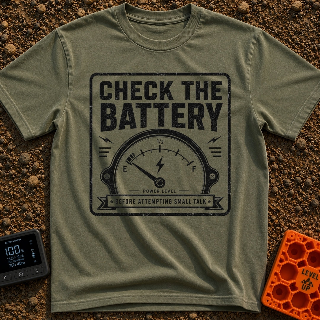 Watts On Your Mind - T-Shirt in Moss - A distressed, vintage-style black and white graphic showing an analog power gauge...