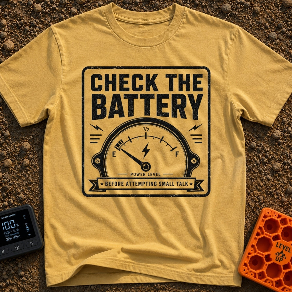 Watts On Your Mind - T-Shirt in Mustard - A distressed, vintage-style black and white graphic showing an analog power...