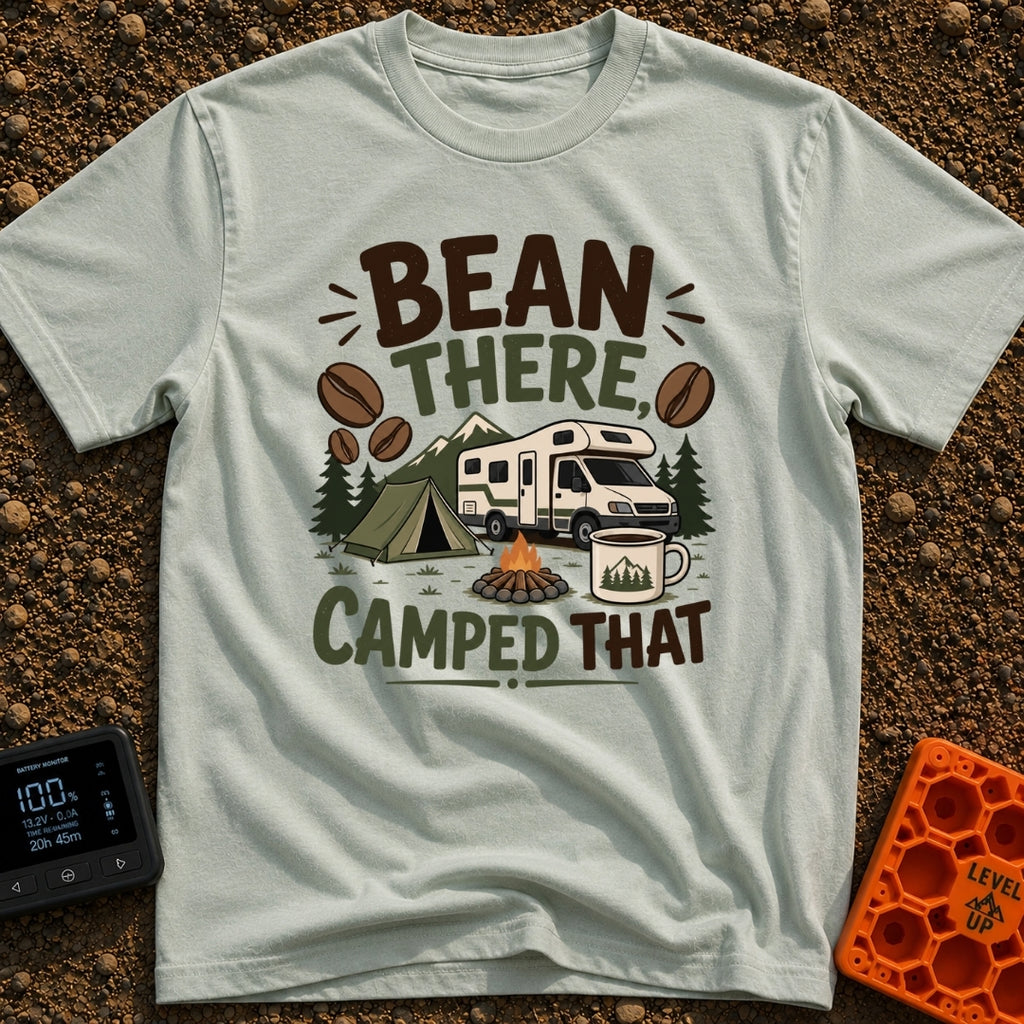 Bean There Camped That - T-Shirt in Bay - The artwork features a Class C motorhome parked next to a green tent and a...